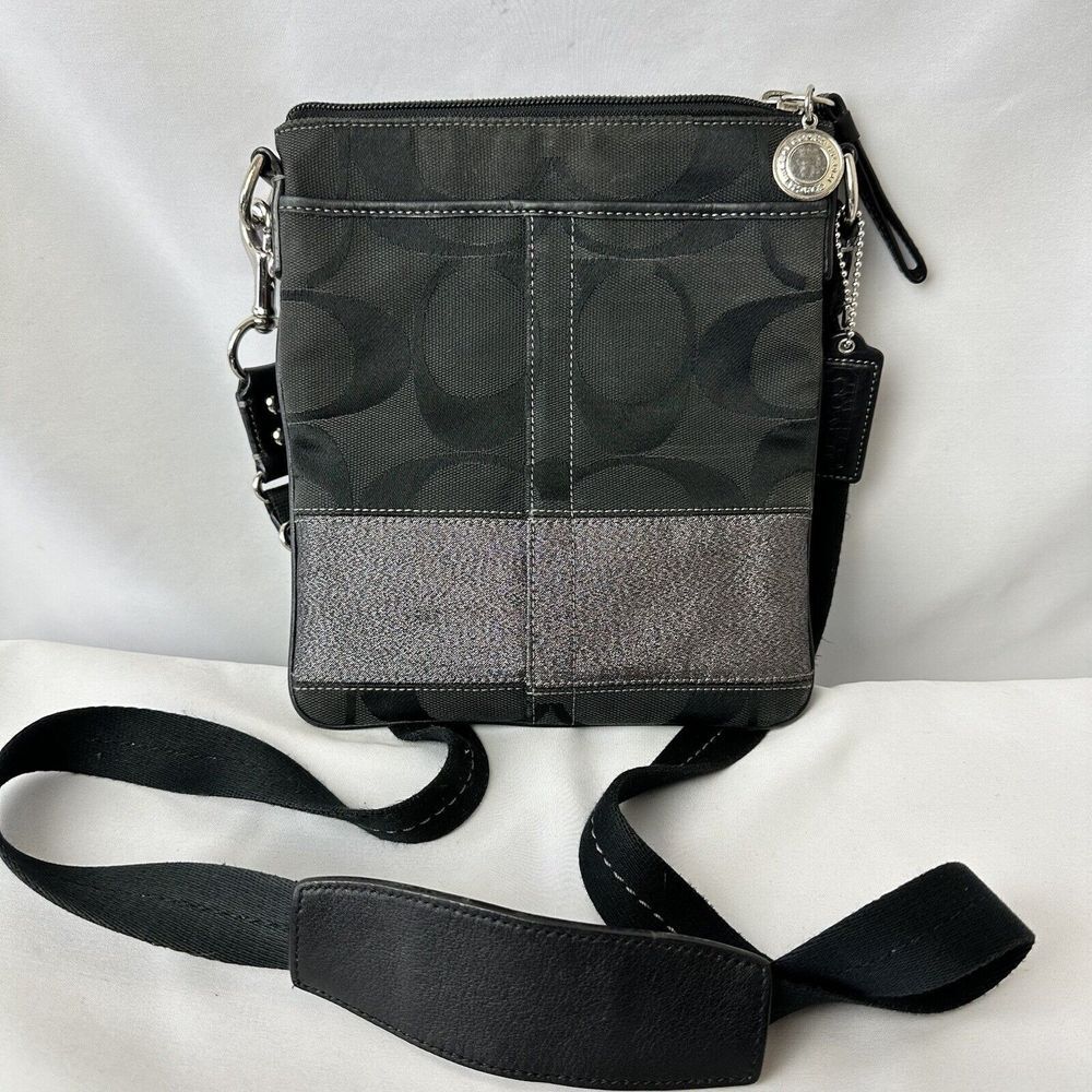 Coach Crossbody Purse Black Glitter Band Swing Bag Adjustable Strap Signature Cs